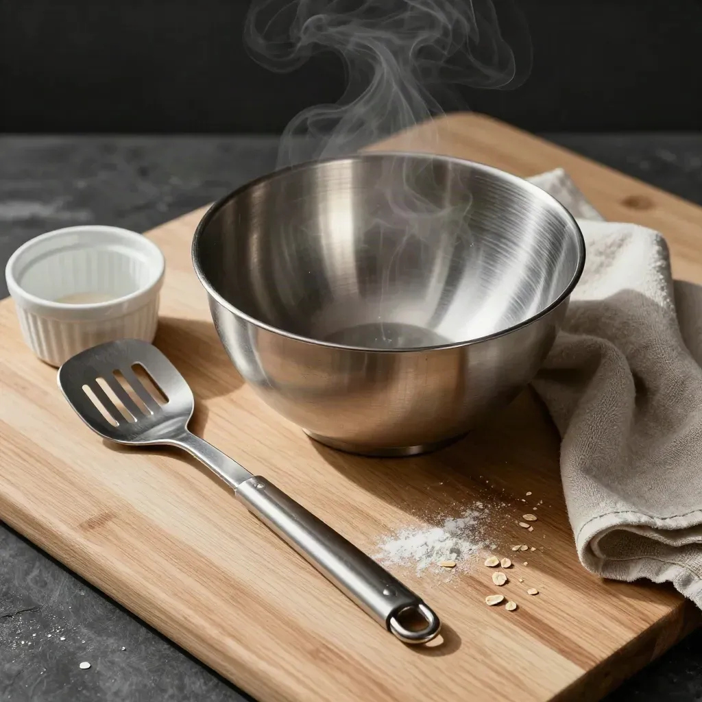 Shora snímaná food editorial kompozice s ocelovou stěrkou, mísou, miskou a lněnou utěrkou na světlém dřevě.