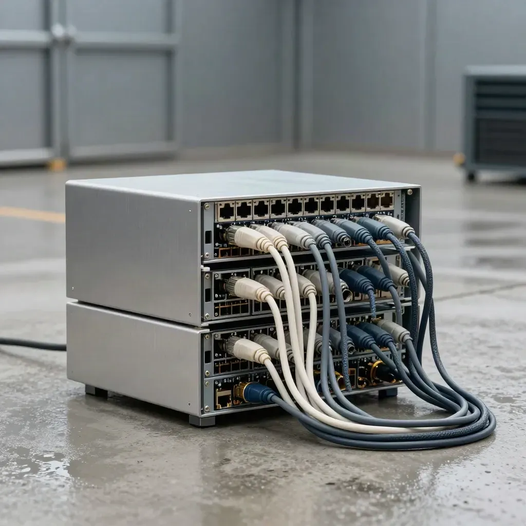 Brushed-aluminum server moduly, kabely a konektory RJ45 na mokrém betonu.