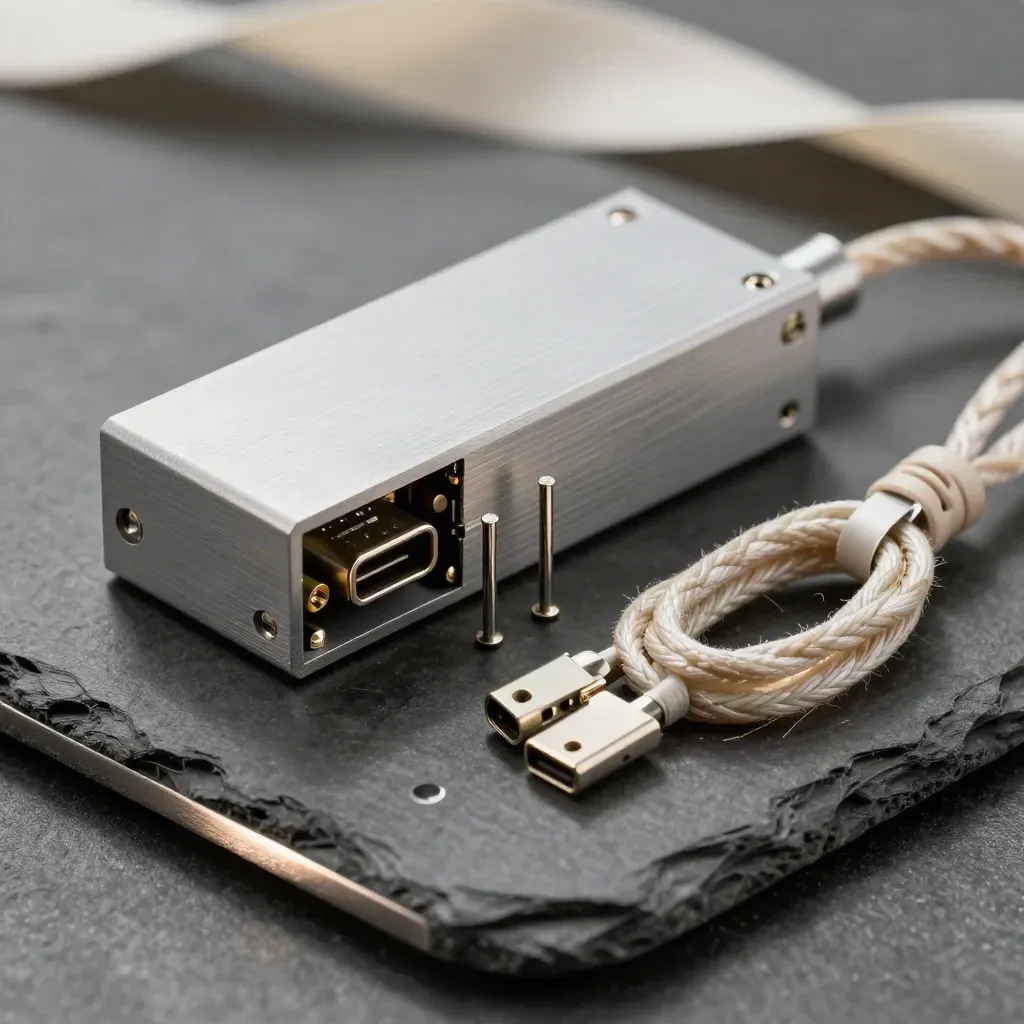 Makro hliníkové vývojové krabičky s USB-C breakoutem, standoffy a opleteným kabelem.