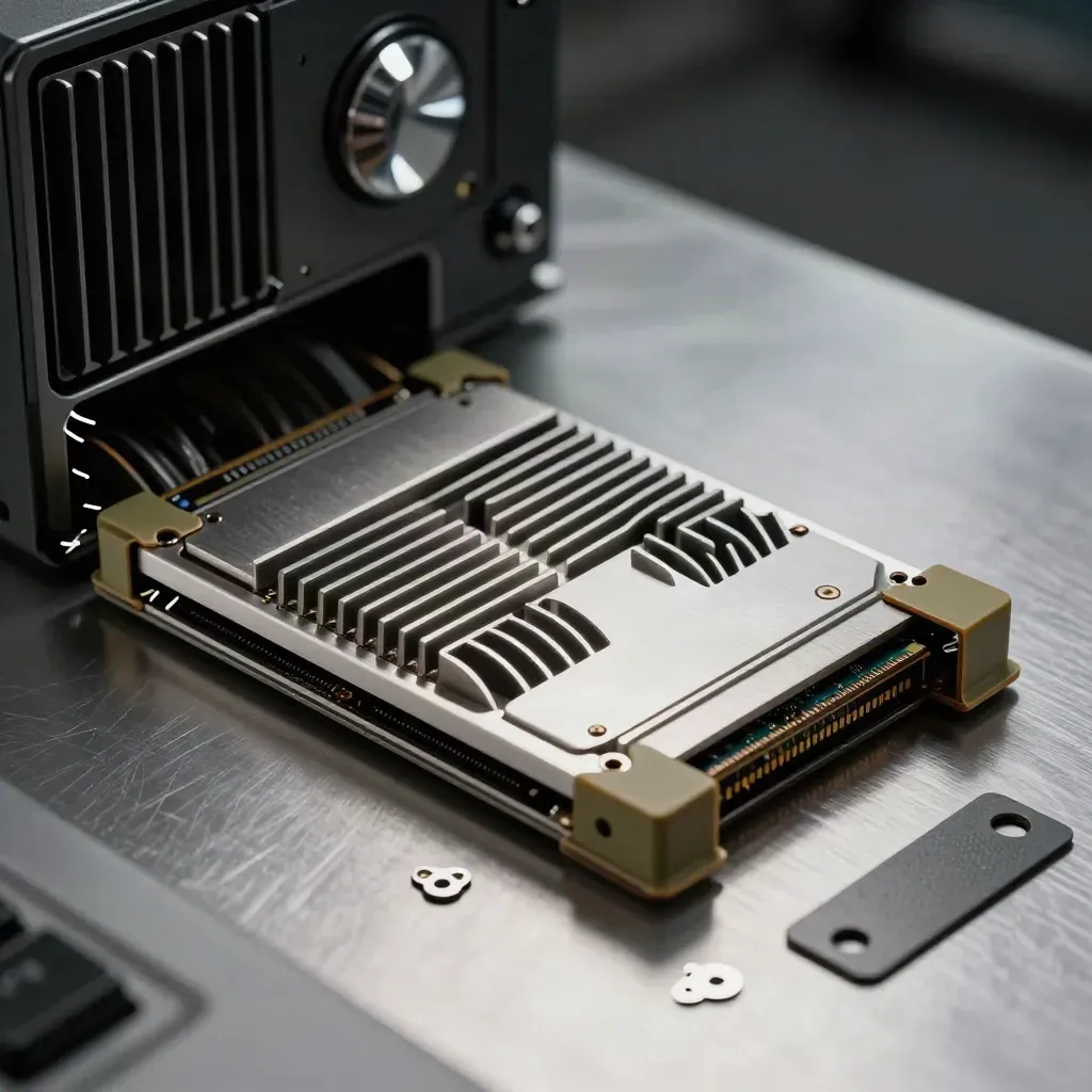 Sled SSD pro server, chladič a teplovodivé podložky na kovovém stole.