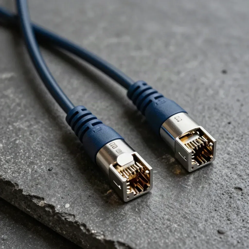 Dva RJ45 spojky s modrým opleteným kabelem a ferrulemi na grafitovém betonu.