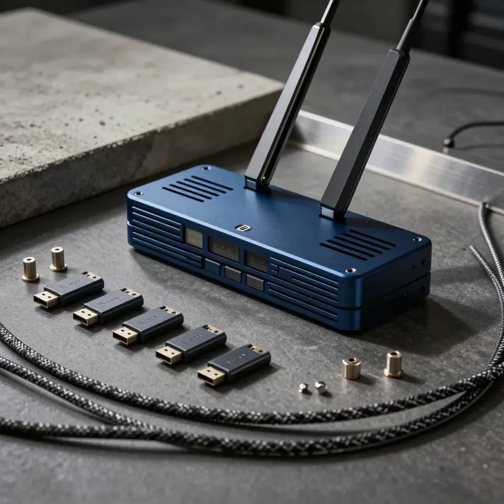 Startupový hardware: prototypový box, router, USB dongly a kabely na dílenské lavici.