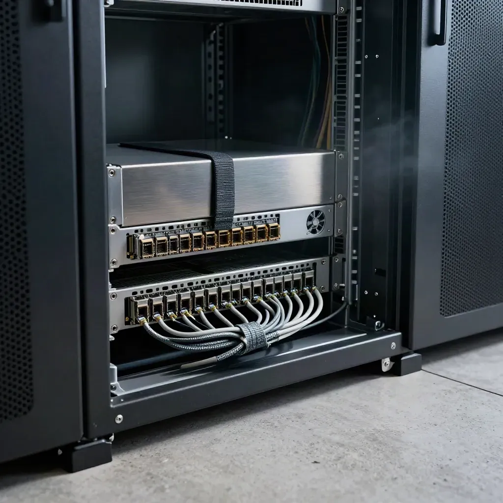 Pohled do serverového racku s patch panelem, kabely, SFP moduly a mřížkou ventilátoru.