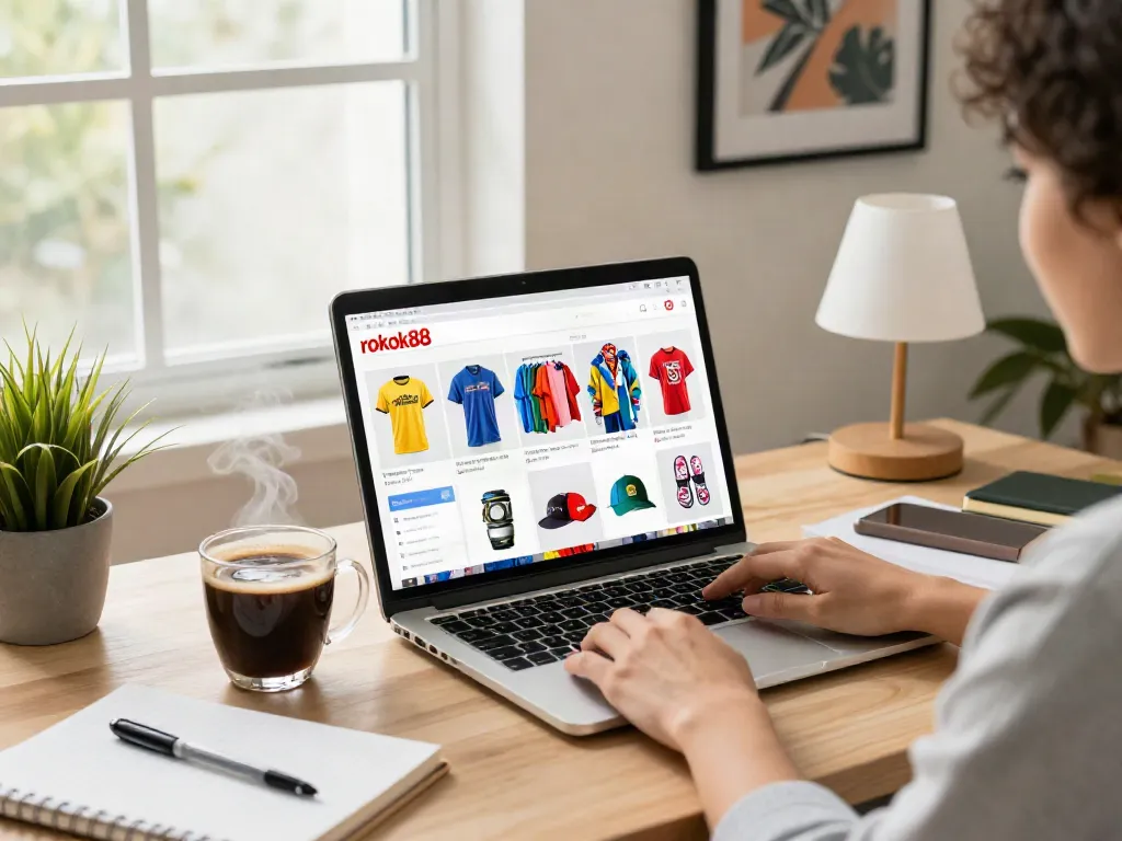 Person exploring rokok88 merchandise in a cozy home office.
